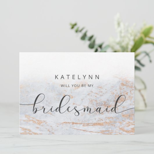 Modern Marble Blue Bridesmaid Vorschlag Card (Stehend Vorderseite)