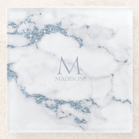 Modern Marble Glitter Monogram Dusty Blue ID816 Glasuntersetzer (Vorderseite)