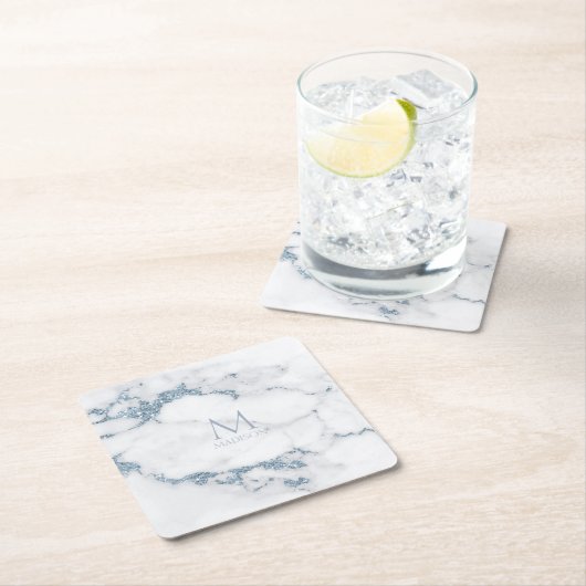 Modern Marble Glitter Monogram Dusty Blue ID816 Rechteckiger Pappuntersetzer (Vor Ort)