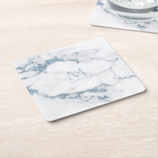 Modern Marble Glitter Monogram Dusty Blue ID816 Rechteckiger Pappuntersetzer (angewinkelt)