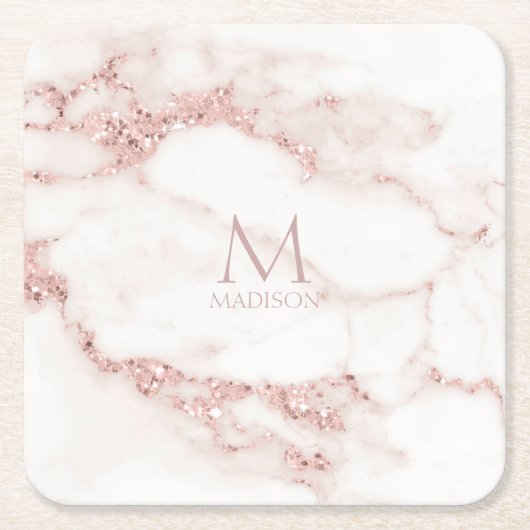 Modern Marble Glitter Monogram Rose Gold ID816 Rechteckiger Pappuntersetzer (Vorderseite)