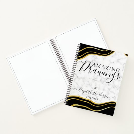 Modern Marble Gold Black Zeichnend Sketchbook Girl Notizblock (Innenseite)