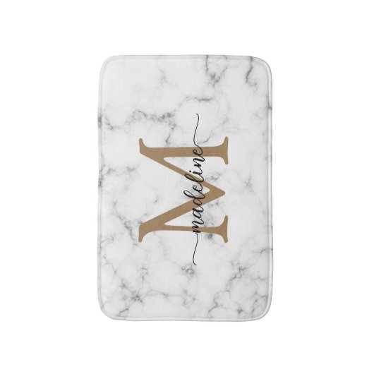 Modern Marble Gold Girly Script Monogram Badematte (Vorderseite Vertikal)