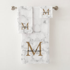 Modern Marble Gold Girly Script Monogram Badhandtuch Set