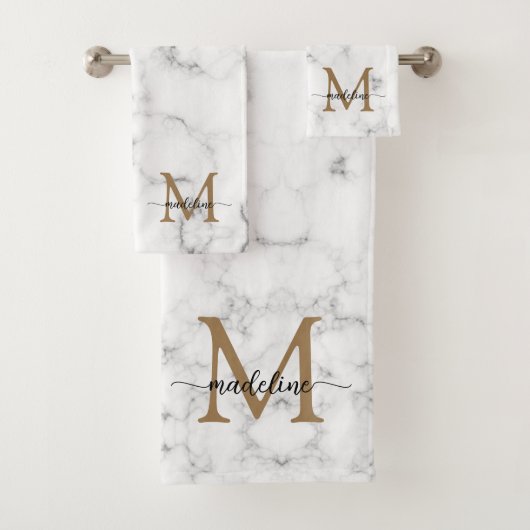 Modern Marble Gold Girly Script Monogram Badhandtuch Set (Insitu)