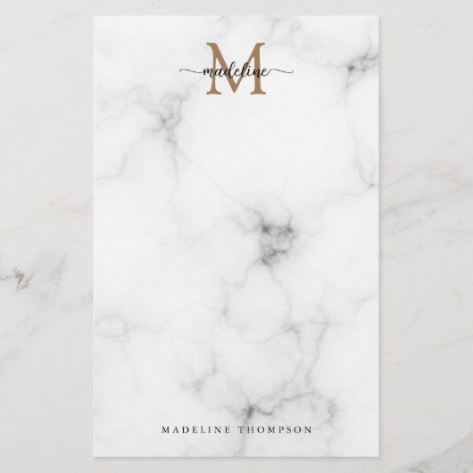 Modern Marble Gold Girly Script Monogram Briefpapier (Vorderseite)