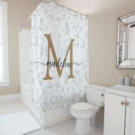Modern Marble Gold Girly Script Monogram Duschvorhang