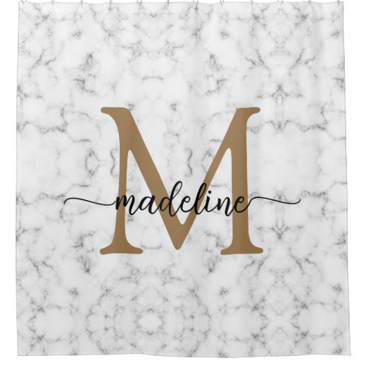 Modern Marble Gold Girly Script Monogram Duschvorhang (Vorderseite)