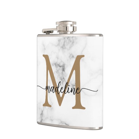 Modern Marble Gold Girly Script Monogram Flachmann (Links)