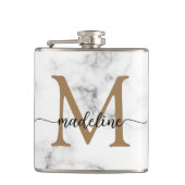 Modern Marble Gold Girly Script Monogram Flachmann (Vorderseite)
