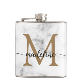 Modern Marble Gold Girly Script Monogram Flachmann