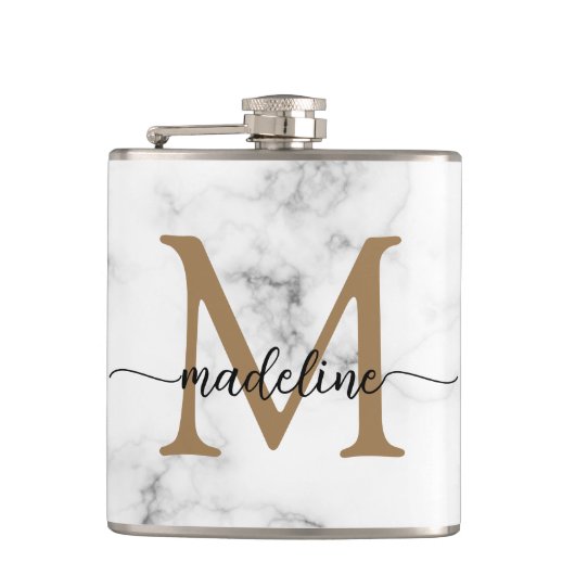 Modern Marble Gold Girly Script Monogram Flachmann (Vorderseite)