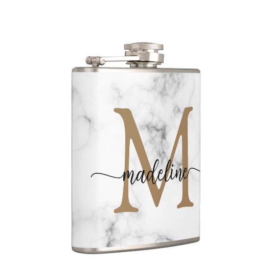 Modern Marble Gold Girly Script Monogram Flachmann (Rechts)