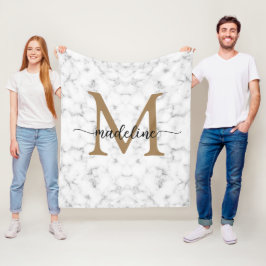 Modern Marble Gold Girly Script Monogram Fleecedecke