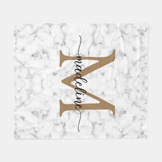 Modern Marble Gold Girly Script Monogram Fleecedecke (Vorderseite (Horizontal))