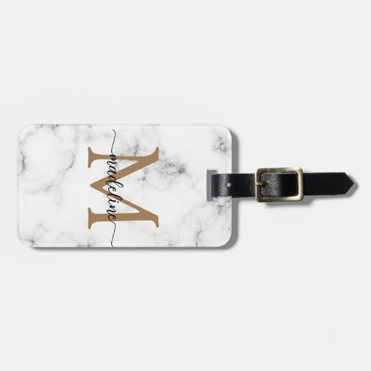 Modern Marble Gold Girly Script Monogram Gepäckanhänger (Vorderseite horizontal)