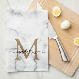 Modern Marble Gold Girly Script Monogram Geschirrtuch