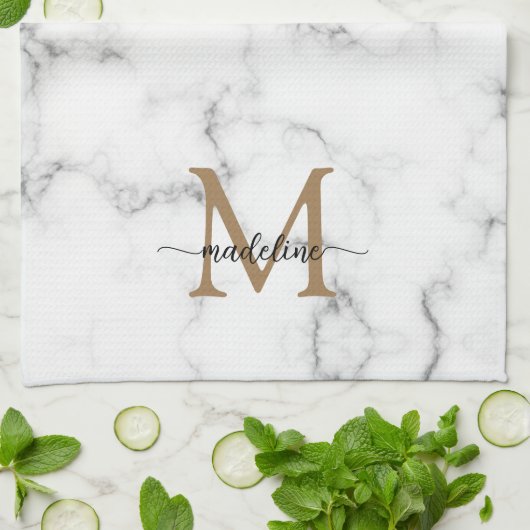 Modern Marble Gold Girly Script Monogram Geschirrtuch (Gefaltet)