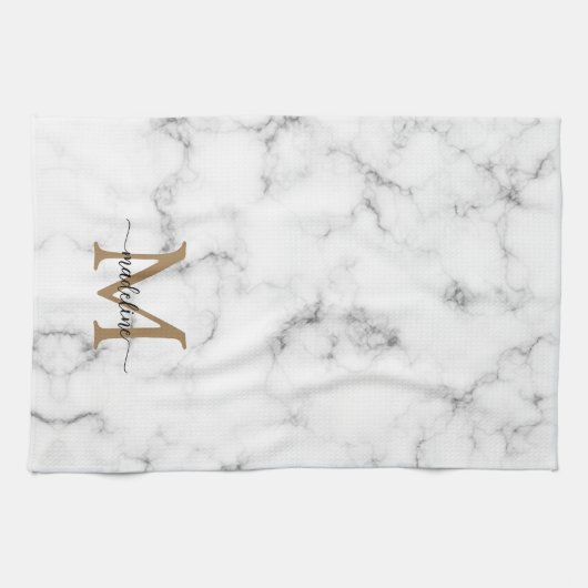 Modern Marble Gold Girly Script Monogram Geschirrtuch (Horizontal)