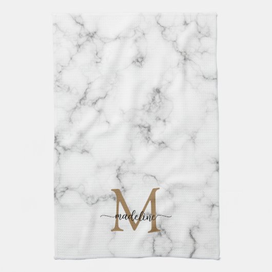 Modern Marble Gold Girly Script Monogram Geschirrtuch (Vertikal)