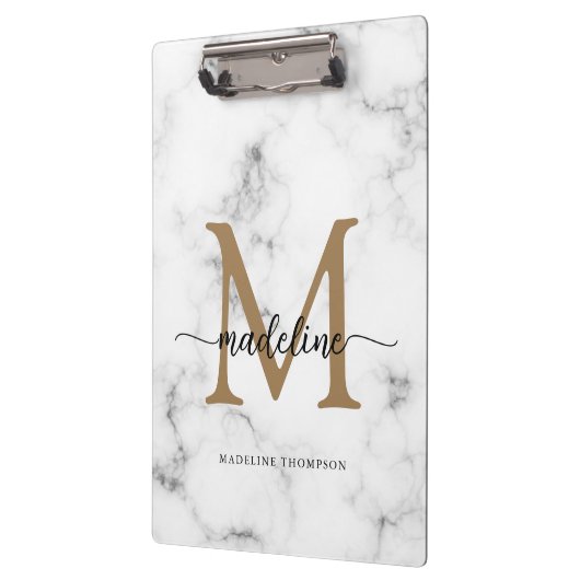 Modern Marble Gold Girly Script Monogram Klemmbrett (Links)
