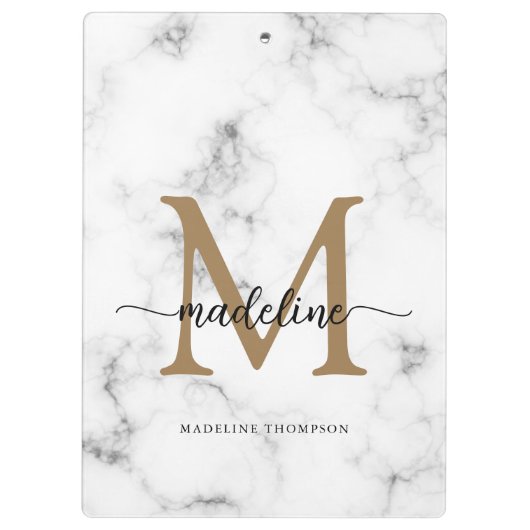 Modern Marble Gold Girly Script Monogram Klemmbrett (Rückseite)