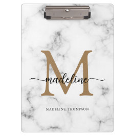 Modern Marble Gold Girly Script Monogram Klemmbrett