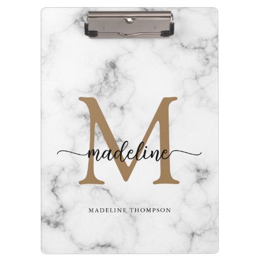 Modern Marble Gold Girly Script Monogram Klemmbrett (Vorderseite)