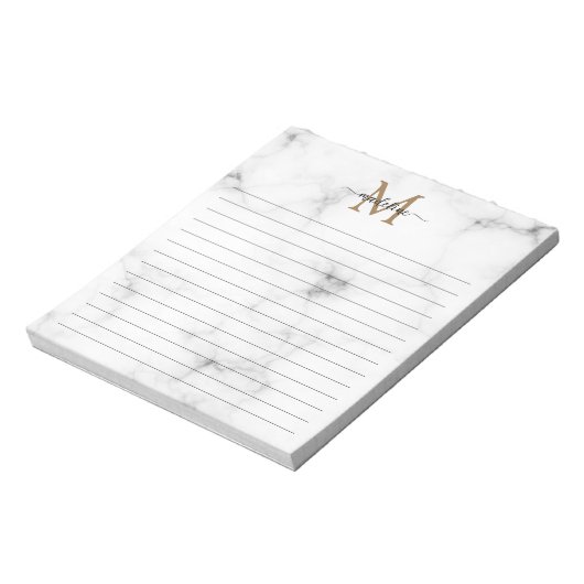 Modern Marble Gold Girly Script Monogram Lined Notizblock (Rotiert)