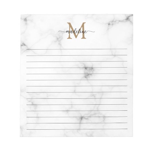 Modern Marble Gold Girly Script Monogram Lined Notizblock (Vorderseite)