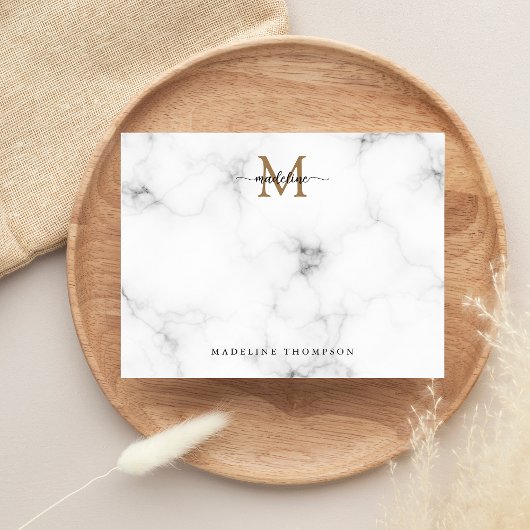 Modern Marble Gold Girly Script Monogram Mitteilungskarte