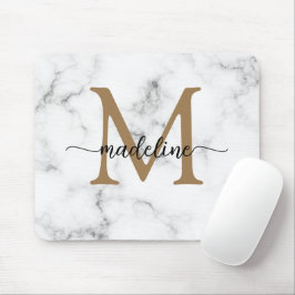 Modern Marble Gold Girly Script Monogram Mousepad