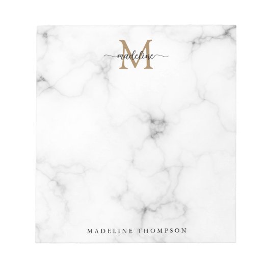 Modern Marble Gold Girly Script Monogram Notizblock (Vorderseite)