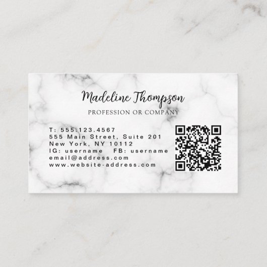 Modern Marble Gold Girly Script Monogram QR Code Visitenkarte (Rückseite)