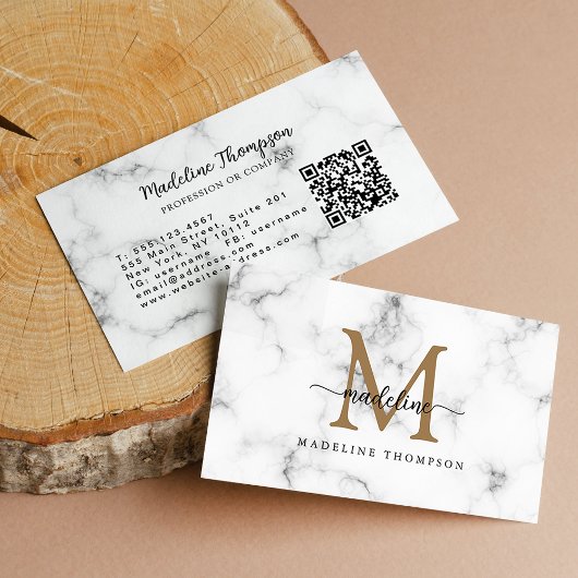 Modern Marble Gold Girly Script Monogram QR Code Visitenkarte