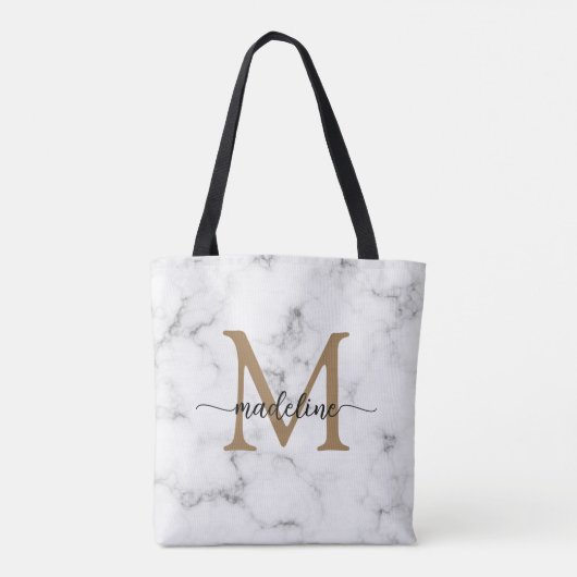 Modern Marble Gold Girly Script Monogram Tasche (Rückseite)