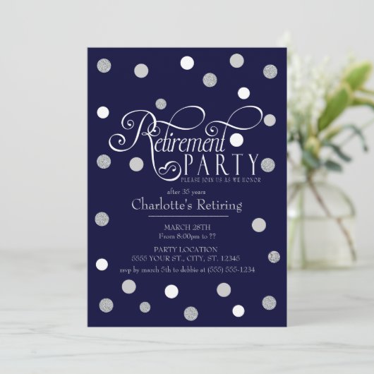 Modern, Marine-Glitzer-Ruhestands-Party Einladung (Stehend Vorderseite)