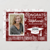 Modern Maroon Bokeh Bubbles Foto Abschluss Einladung (Vorne/Hinten)