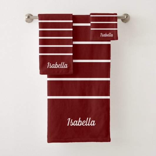 Modern Maroon Deep Red Name Script Strips Badhandtuch Set (Insitu)