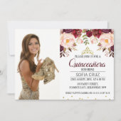 Modern Maroon Floral Foto Quinceañera Einladung (Vorderseite)