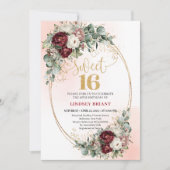 Modern Maroon Floral Gold Sweet 16 Birthday Party  Einladung (Vorderseite)