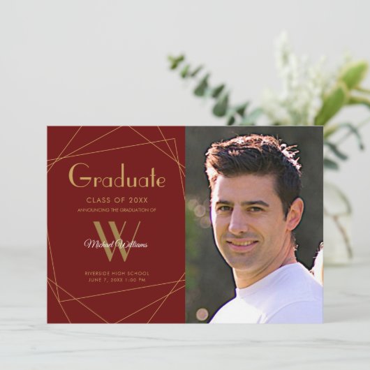 Modern Maroon Foto Monogram Geometric Abschluss Ankündigung (Stehend Vorderseite)