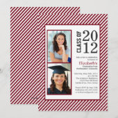 Modern Maroon Stripes Foto Abschluss Einladung (Vorne/Hinten)