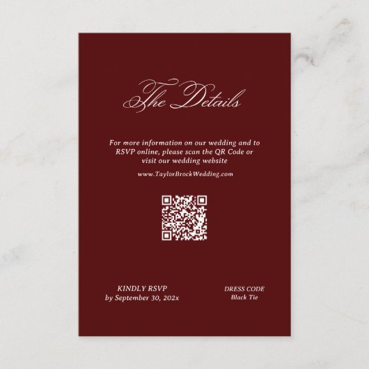 Modern Maroon Wedding Details Qr Code Begleitkarte (Vorderseite)