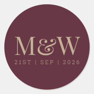 Modern Marsala Burgundy Gold Bride Groom Monogram Runder Aufkleber