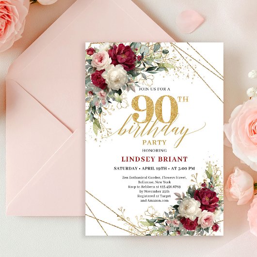 Modern Marsala Gold Floral 90th Birthday Invitatio Einladung