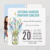 Modern Mason Jar Aqua Gelb Limon rosa Blütenblätte Einladung (Vorne/Hinten)