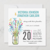 Modern Mason Jar Aqua Gelb Limon rosa Blütenblätte Einladung (Vorderseite)