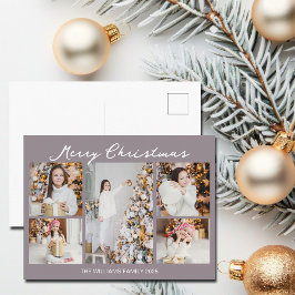 Modern Mauve Merry Christmas Photo Collage Feiertagspostkarte