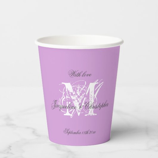 Modern Mauve Wedding Monogram + Names Chic Niedlic Pappbecher (Rückseite)